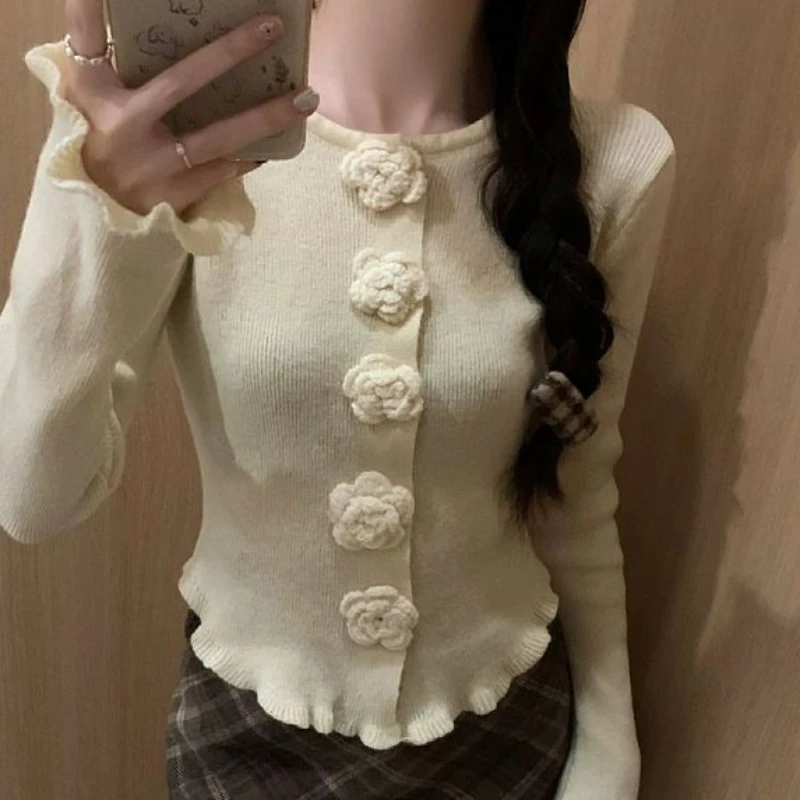 Knitted Chic Cardigans Women Korean Style 4 Colors Rose Beauty Elegant Ladies Clothing Spring Fashion New Design Single Breasted