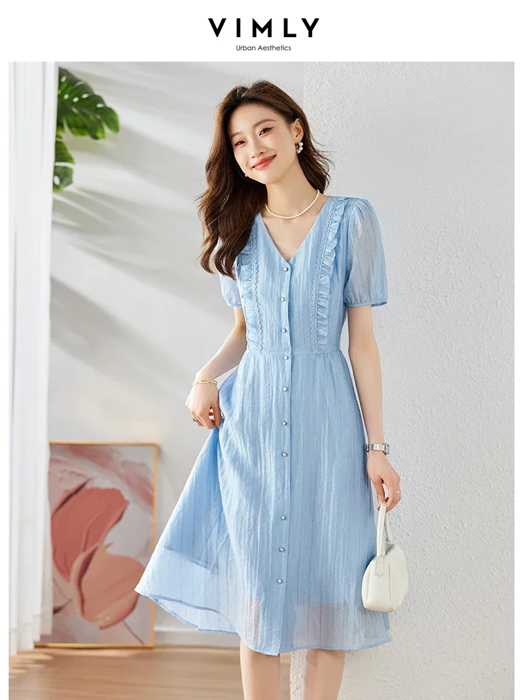 Vimly Vintage V-neck Blue Summer Dress for Women 2023 Lyocell Jacquard Short Sleeve A-line Button Down Elegant Shirt Dress M1362