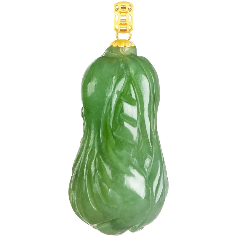 Spinach Green Hetian Jade Jasper Cabbage Wealth Pendant with 18K Gold Buckle – Natural Jade Necklace for Women, Gifts
