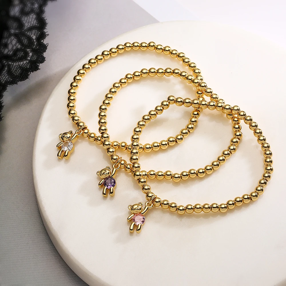 NEWBUY Trendy Gold Color Copper Beads Bracelets For Women White/Pink/Purple CZ Cute Bear Jewelry