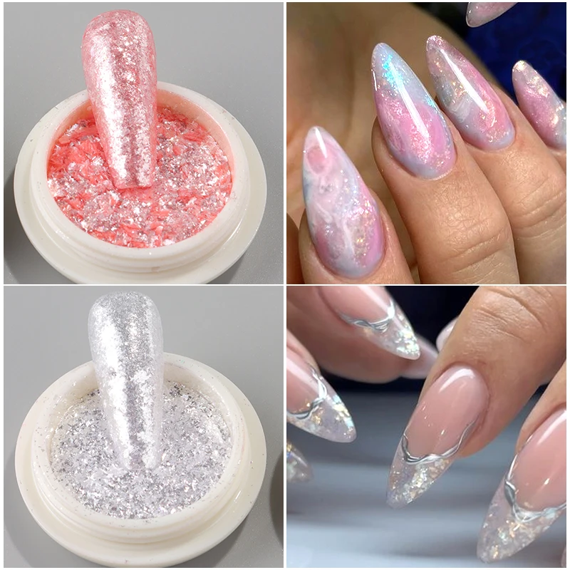 2 Box Pink White Crystal Opal Nail Powder Flakes Sparkling Ultra Thin Foils Iridescent Mermaid Chrome Mica Glitter Nail Decor