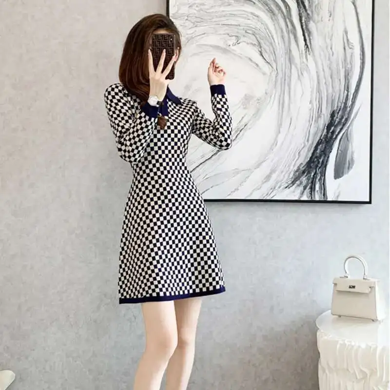 #0959 Spring Autumn Plaid Knitted Dress Women Polo Collar Office A-line Sweater Dress Sexy Office Short Dress Female High Waist