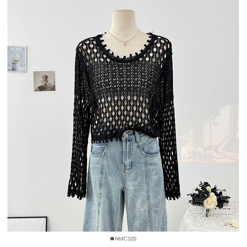 

Однотонный вязаный топ с крючками и цветком, женский простой свободный тонкий свитер с длинными рукавами, лето 2025 г., пуловер