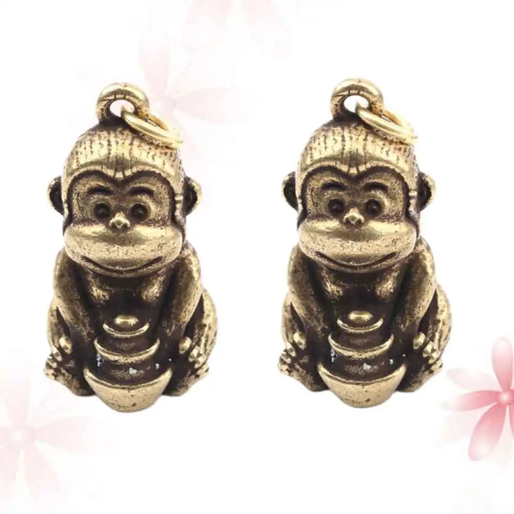 

2pcs Chinese Style Brass Monkey Key Chain Pendant Zodiac Decor Desktop Adornment Premium Metal Ornament Charms For Home Car Bag