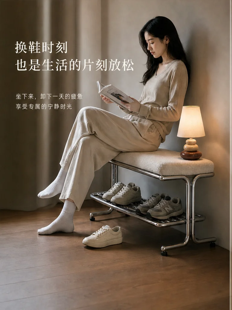 Home change shoe stool light luxury high sense can sit shoe rack home door wear shoe stool stainless steel porch long stool