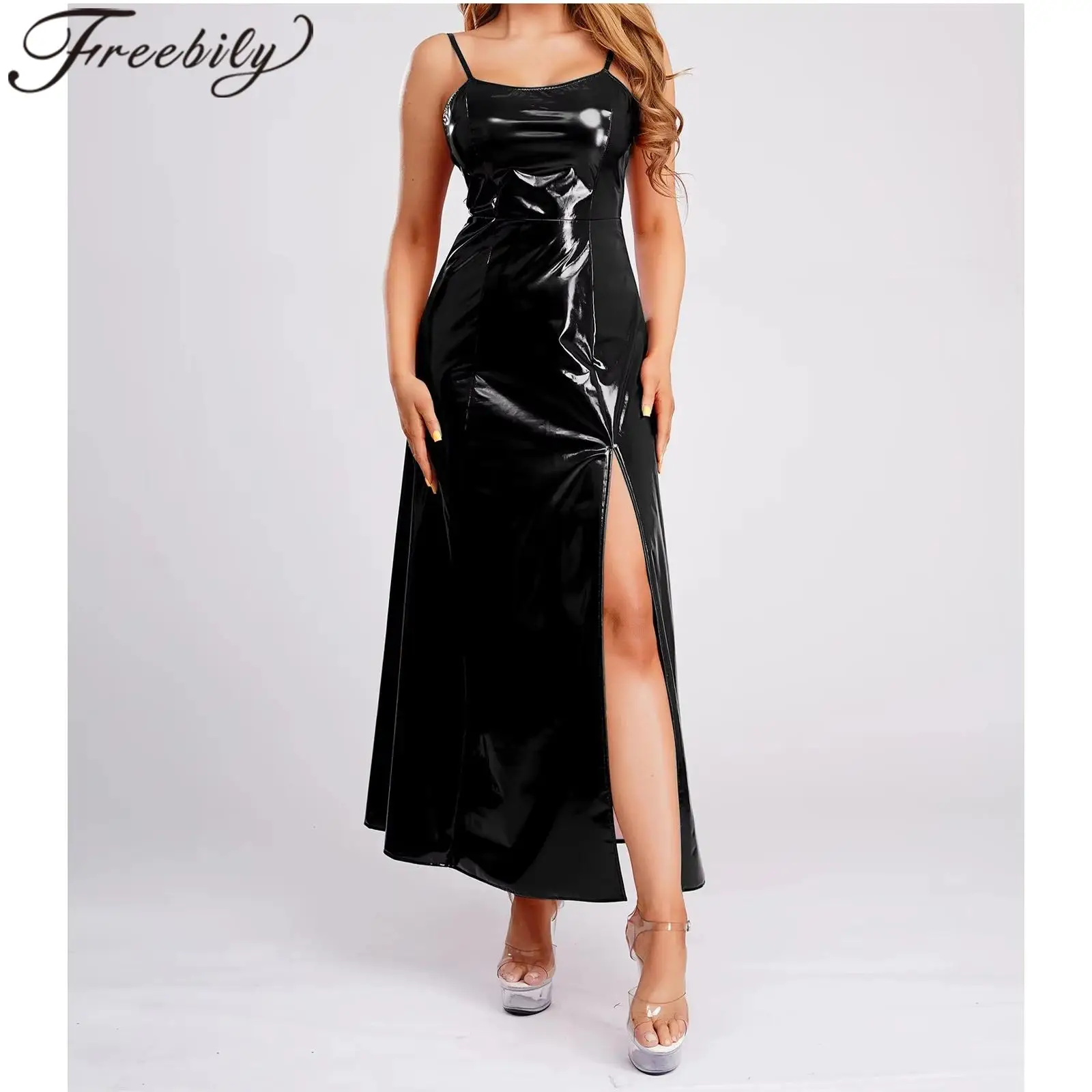 فستان كاميس طويل لامع للسيدات فستان بانك من البولي يوريثان للحفلات والنوادي القوطية فستان حفلات نسائي بفتحة جانبية لنادي الهذيان #3