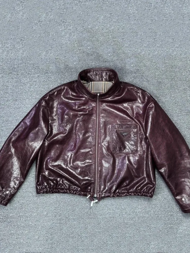 New Designer Women Zipper Stand Collar Loose Fit Bomber Jacket Autumn Motorcycle Windproof Sheepskin Genuine Leather Jacket Coat