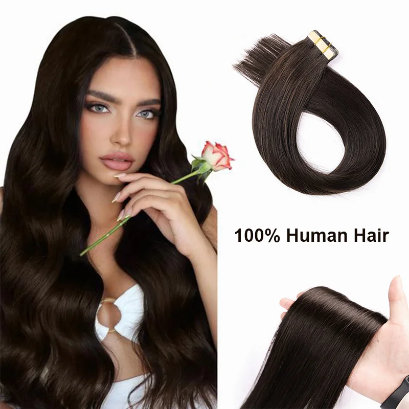 Tape in Hair Extensions Human Hair Seamless Invisible Tape in Extensions Dark Brown #2 20pcs 50g For Women