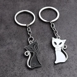 2PCS/PAIR Simple Metal Cat Keychain Black & White Kitty Pendant Keyring for Women Men Handbag Backpack Car Key Accessories Gifts