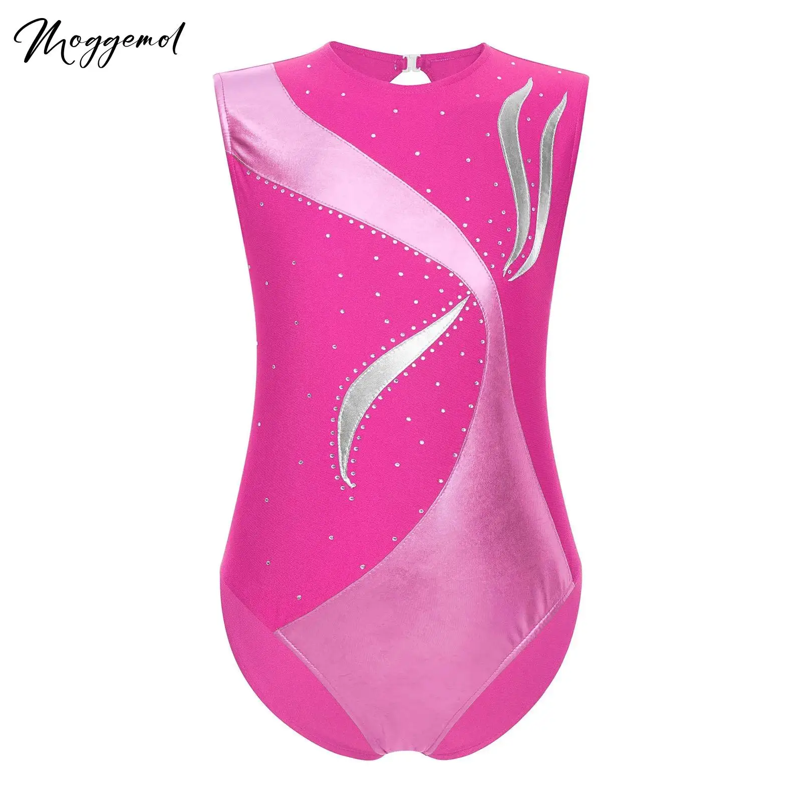 Girls Gymnastics Dance Leotard Metallic Shiny Patchwork Rhinestones Hollow Out Back Sleeveless Bodysuit for Stage Performance