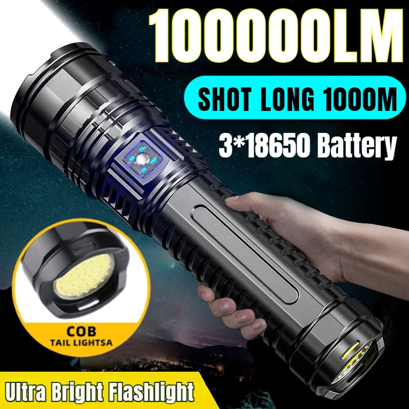 

Ultra Bright 100000LM Flashlight Built-in Battery Powerful White Laser Outdoor Emergency Spotlight LED Tactical Zoomable Lantern