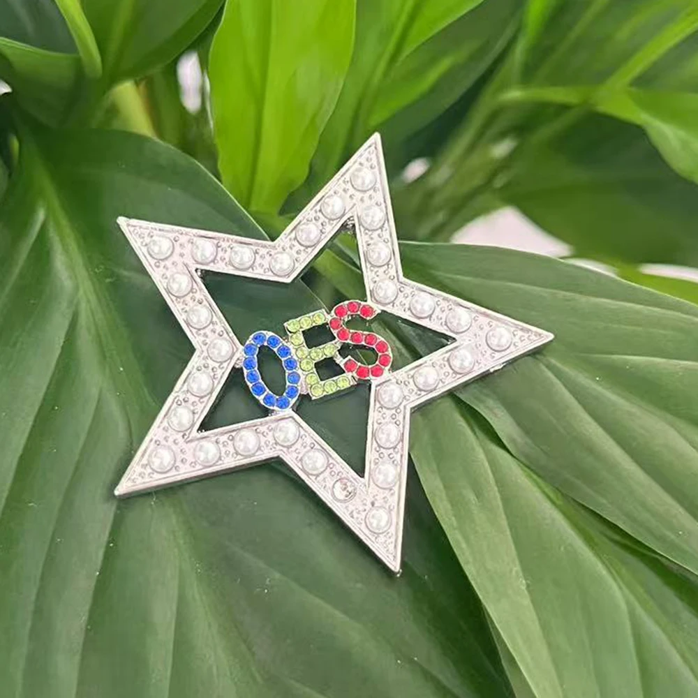 أحدث اللؤلؤ الأبيض حجر الراين الخماسية نجمة الماسونية النظام من النجم الشرقي اليونانية نادي نسائي OES رسالة مجوهرات بروش دبوس #1