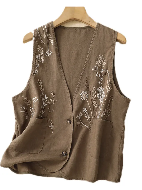 

Summer New Women's Vest Loose Embroidered V-neck Linen Vest