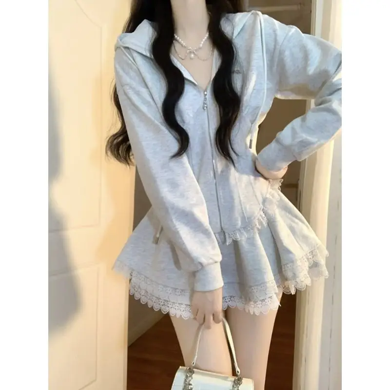 

Korean Fashion Clothing Grey Lace 2 Piece Set Woman Casual Hooded Slim Coat + Slim Party Y2k Mini Skirt Elegant 2023 Autumn Chic