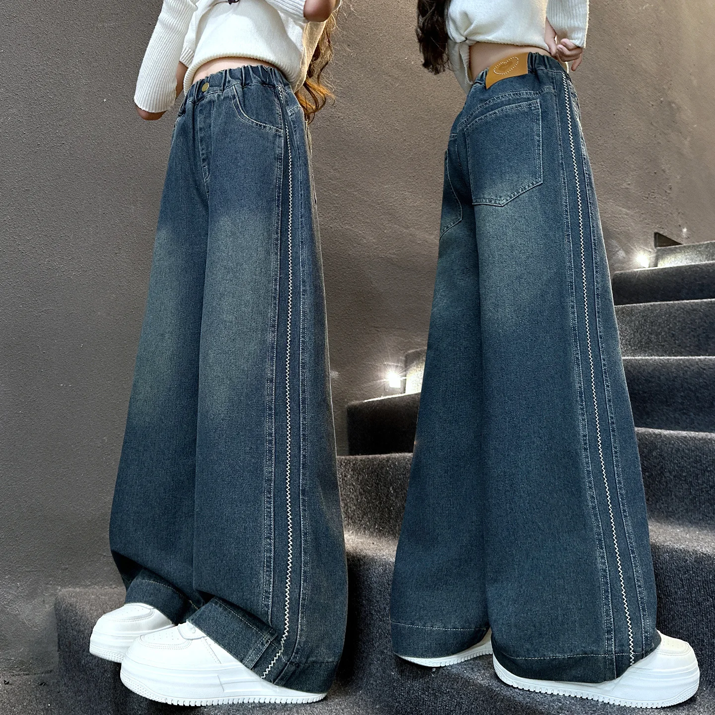 بنات موضة جينز 2025 ربيع الخريف نمط جديد متوسط كبير للأطفال مستقيم فضفاض واسعة الساق الدنيم السراويل العصرية الاطفال الملابس