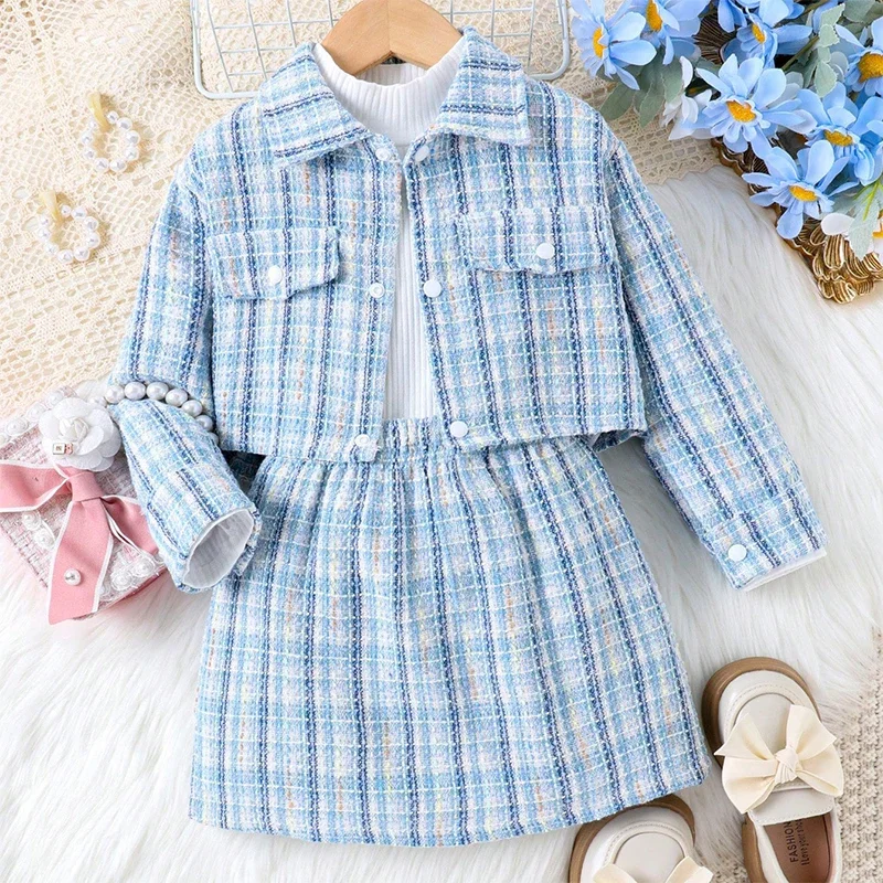 

3Piece Spring Clothing Sets Little Girls Fall Outfits Korean Fashion Plaid Blue Long Sleeve Coat+Tops+Skirt Kids Clothes BC433