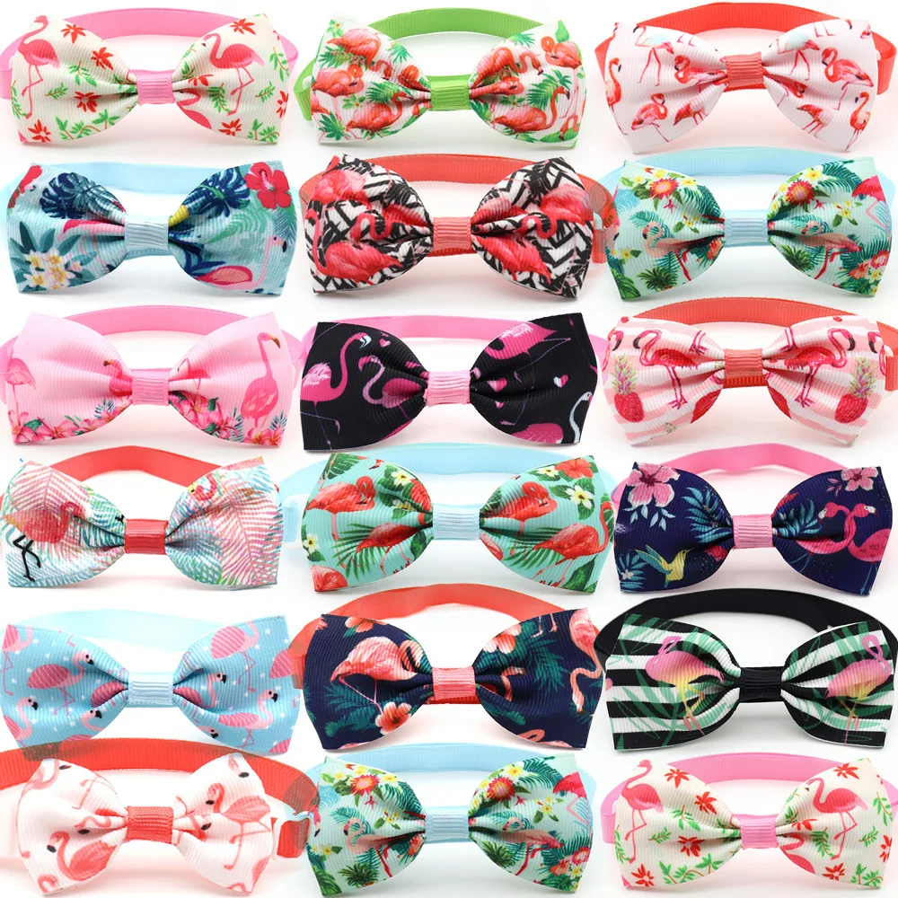 50pcs/100pcs Pet Supplies Grooming Dog Elastic Band Adjustable Pet Bow Tie Small Cat Dog Collar Accessory Flamingo