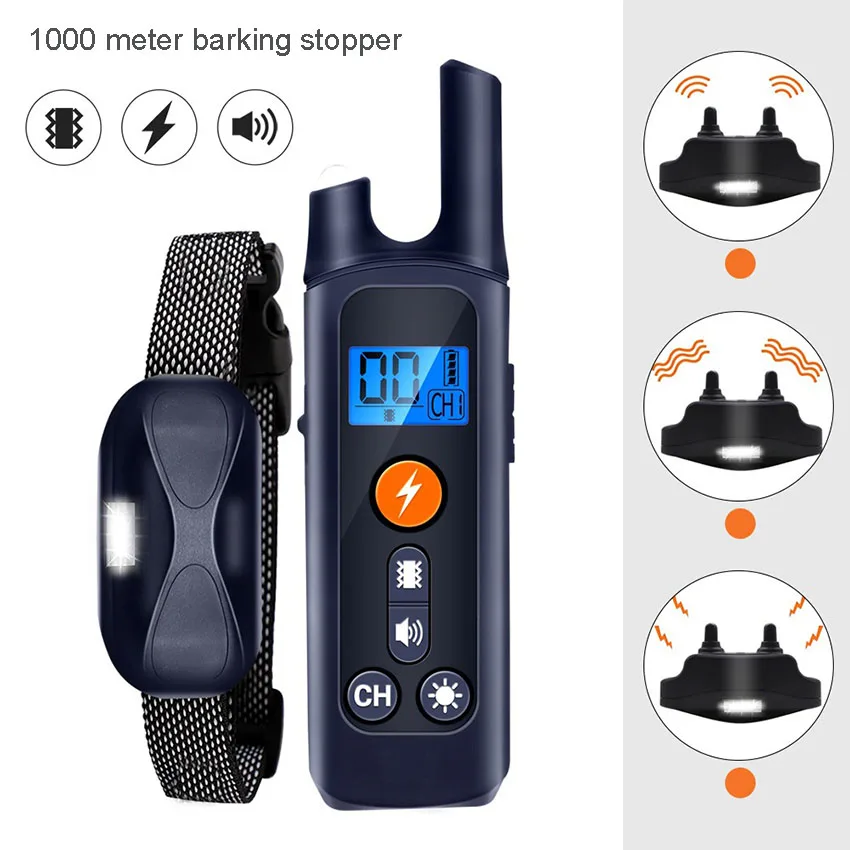 Intelligent Dog Barking Stopper Remote Electric Shock Pet Collar Electronic Dog Trainer Rechargeable 1000m