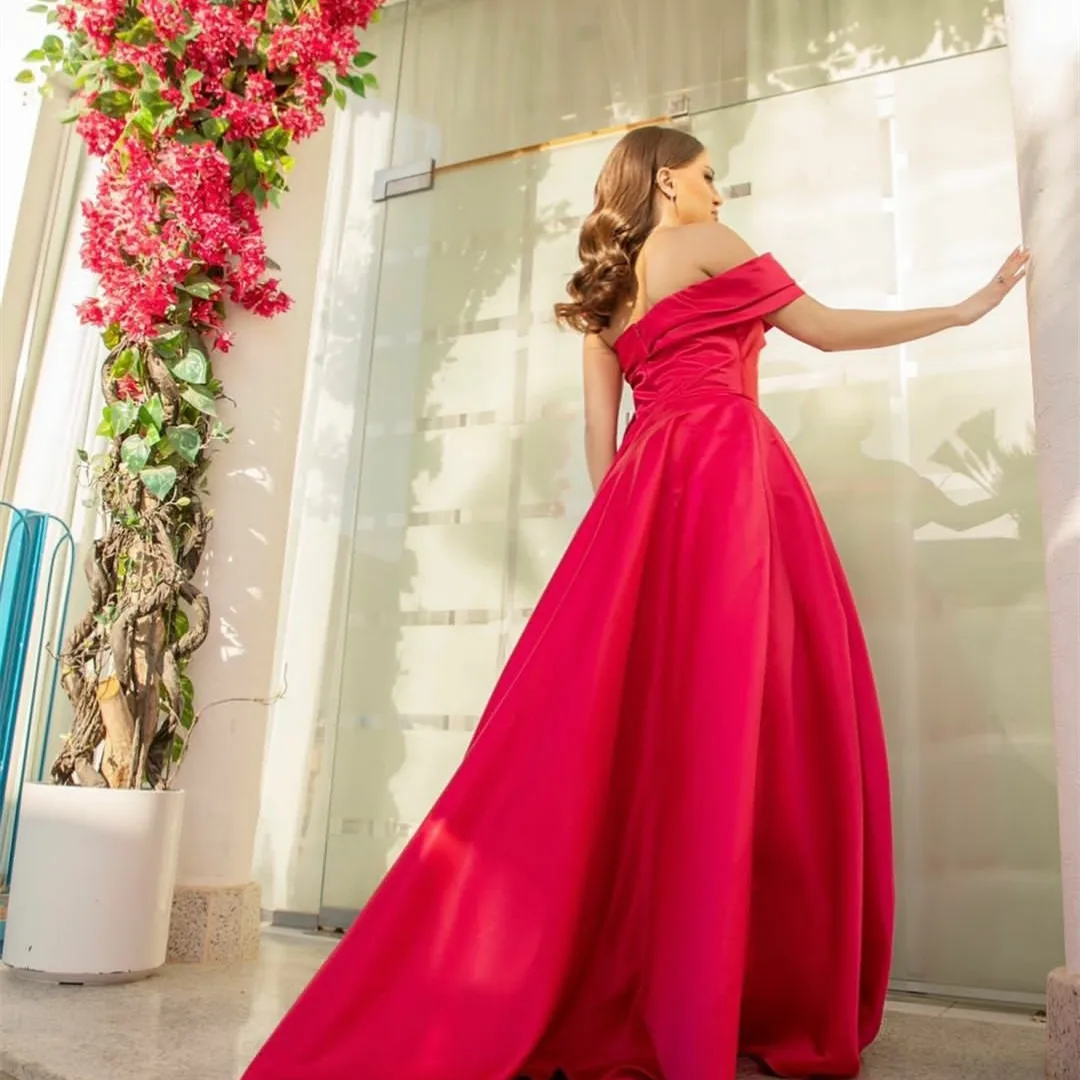 Vintage Long Red Satin Evening Dresses With Bow A-Line Floor Length Zipper Robe De Mariée Party Gown With Pockets For Women