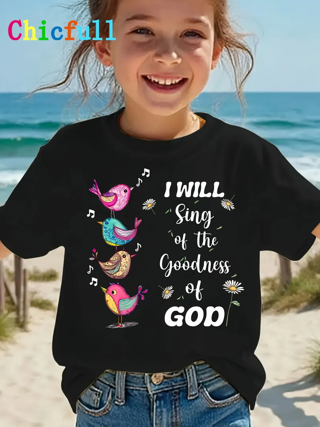 Kid Religious Faith T Shirt I Will Sing Of The Goodness Of God Colorful Song Bird Daisy Graphic Toddler Crew Neck Casual T Shirt