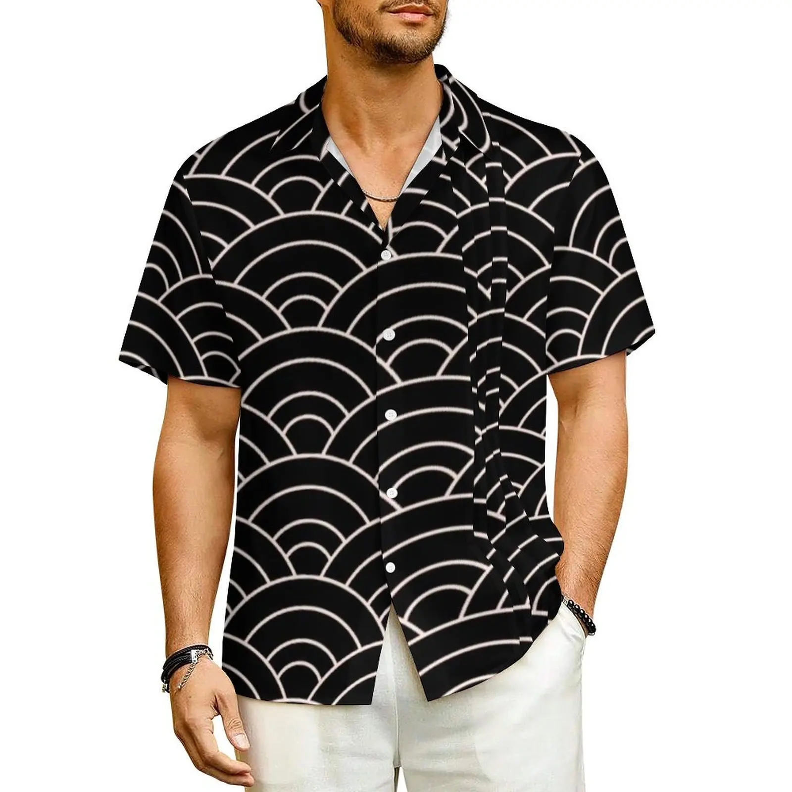 Black Saigaiha Hawaii Shirt For Mens Vacation Japanese Wave Casual Shirts Short Sleeve Streetwear Elegant Oversized Blouses