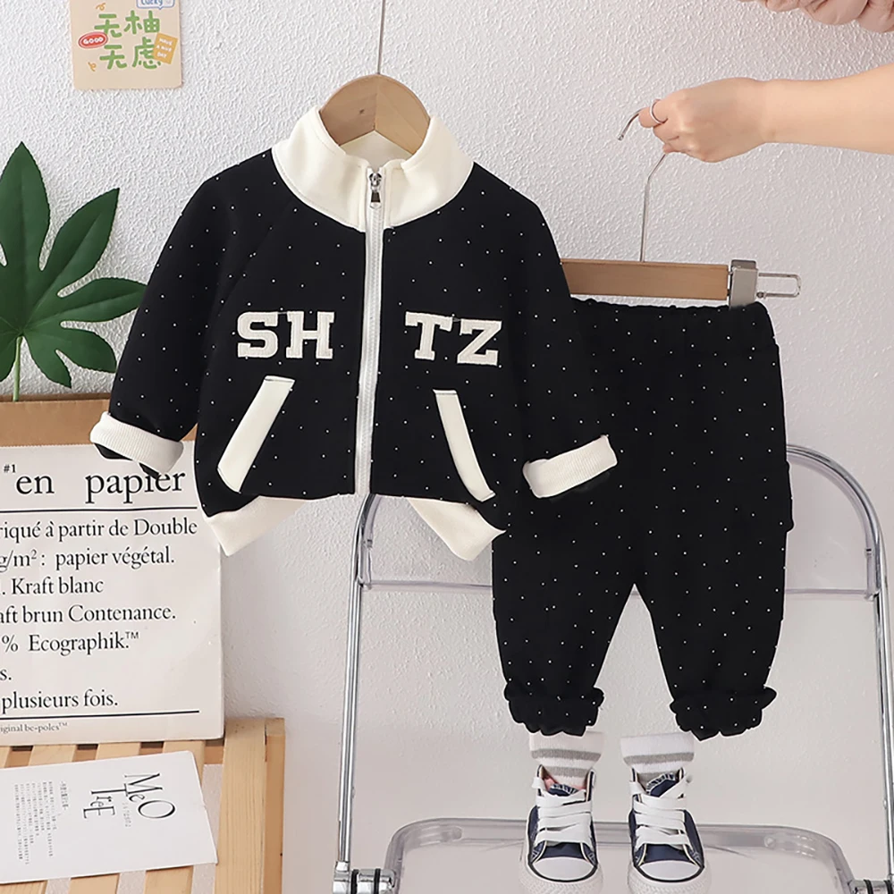 Spring Girls Long Sleeve Tracksuit Casual Shiny Rivet Stand Collar Zipper Coats+Loose Pants 2Pcs Spring Children Clothes Sets