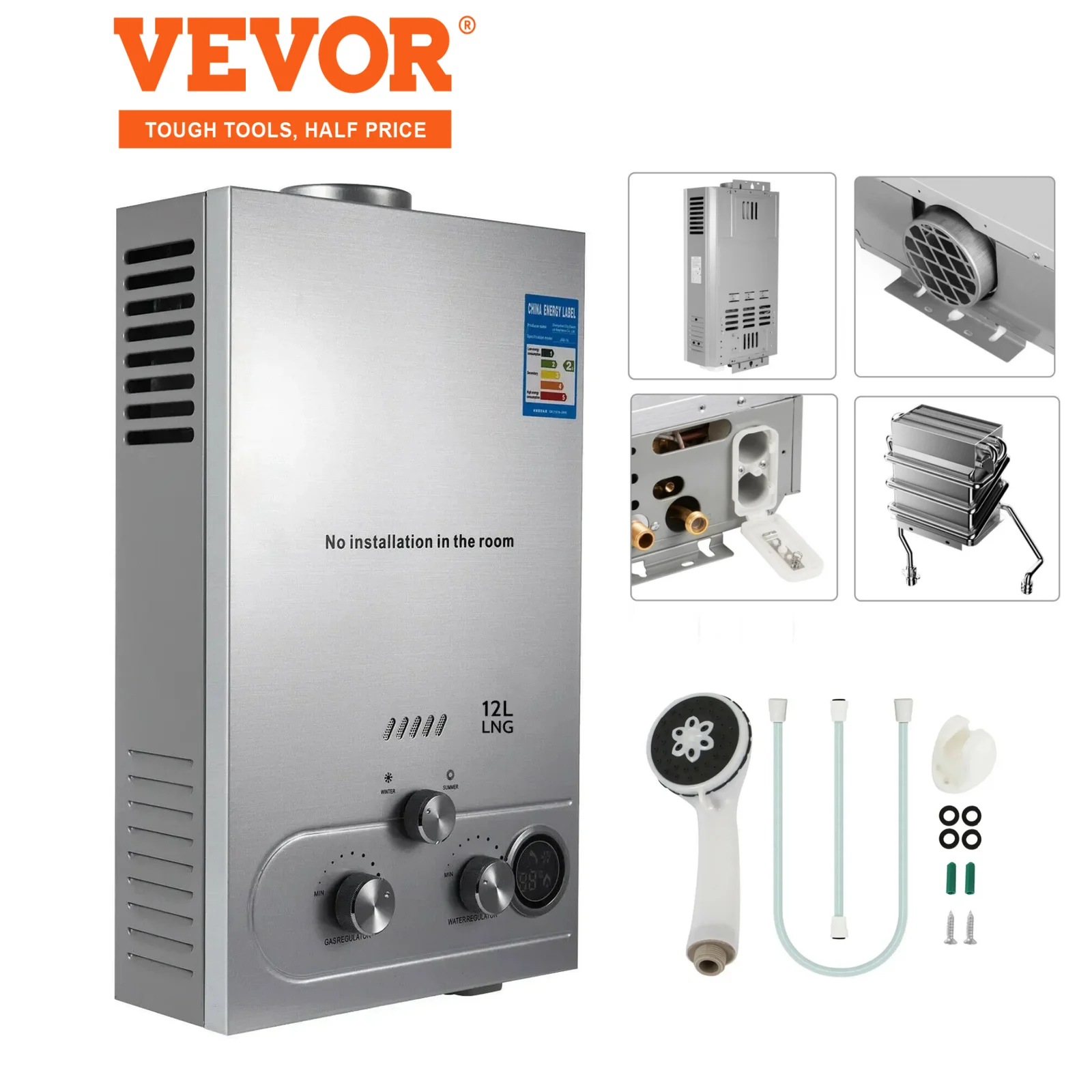 VEVOR Premium Propane LPG Hot Water Heater Gas Stainless Steel Tankless Propane Gas LPG Boiler Home Appliance 6L-18L Capacity