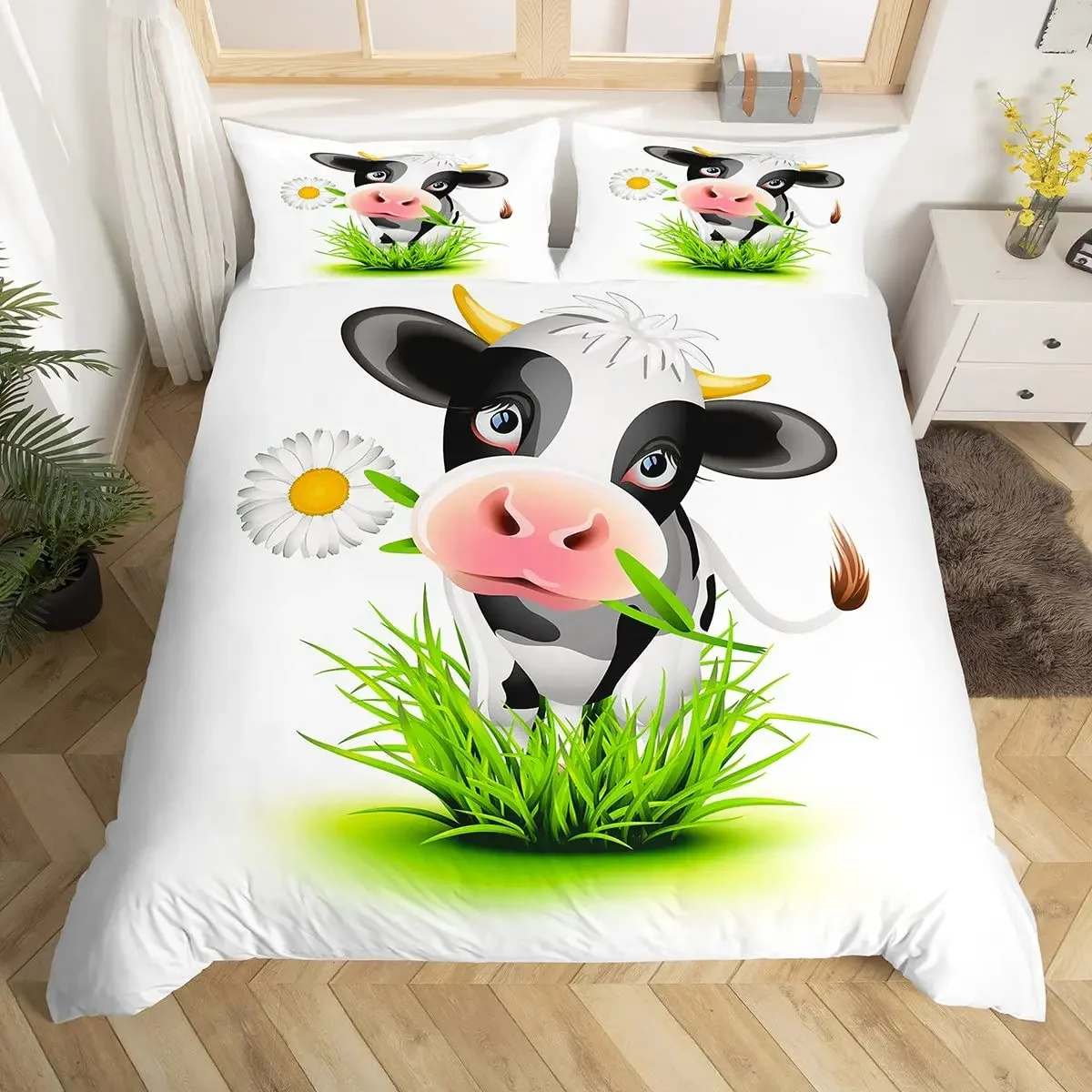 Cartoon Milk Cow Duvet Cover Full King Lovely Farm Animal Bedding Set Strawberry Flowers Print Comforter Cover Farmhouse Decor