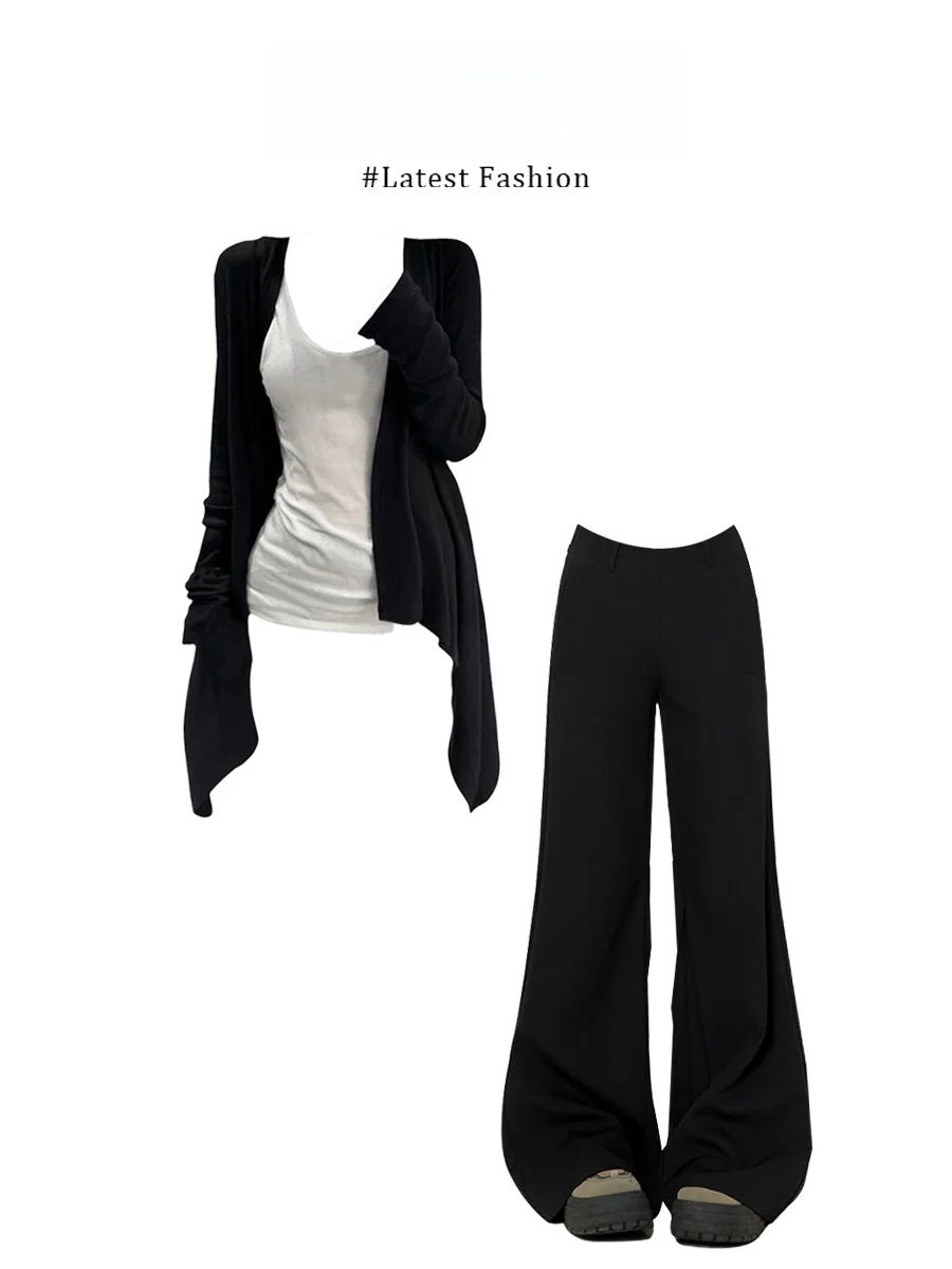 

Korean Style Simple Lazy Knitted Open Cardigan Slimming Wide Leg Casual Pants Spring New Arrival Fashion Set Women's Ensemble