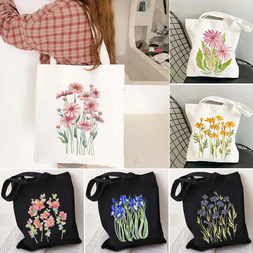 Flower Bouquet Mauve Daisies Forget Me Hydrangea Iris Carnation Camellia Cornflowers Gerberas Marigold Cotton Totes Bag Handbags