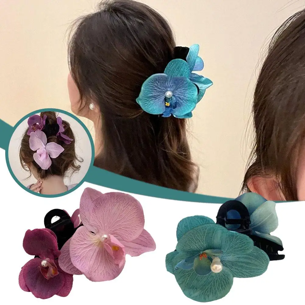 Griffes de cheveux de fleur de conception de phalaenopsis pour des femmes, vêtements de sauna, épingle à cheveux rétro, perle florale, accessoires exagérés de mode, N1c9