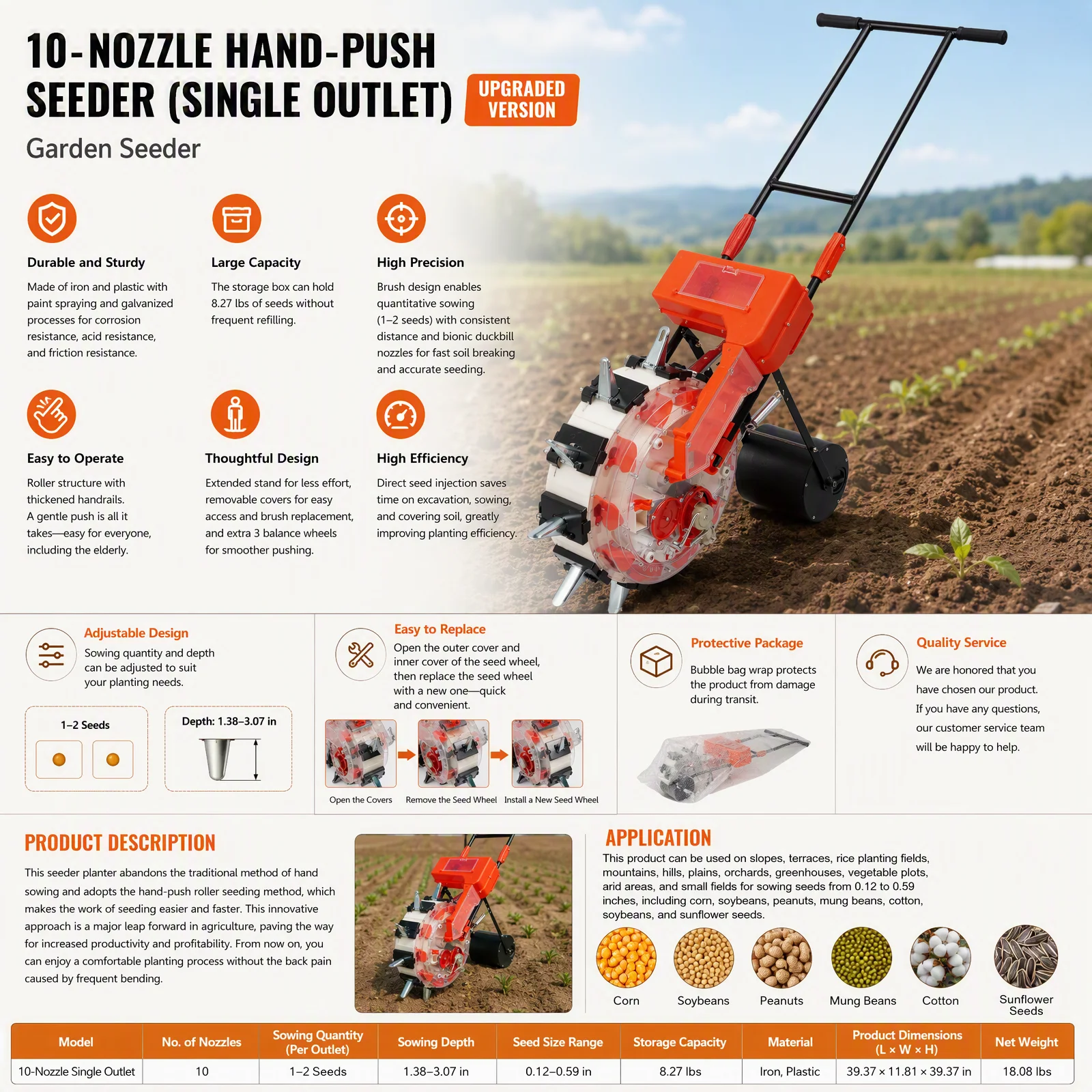 Hand Push Garden Seeder with 10 Nozzles, Adjustable Sowing Depth & Seed Quantity, Large Capacity 8.27 lbs Seed Box, Manual Push Planter for Corn Soybean Peanut Cotton, Red/Black