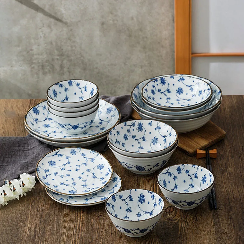 Creative Ceramic Plate Blue and White Porcelain Desktop Fruit Salad Dish Hotel Dinner Set Plates and Dishes Kitchen Cutlery