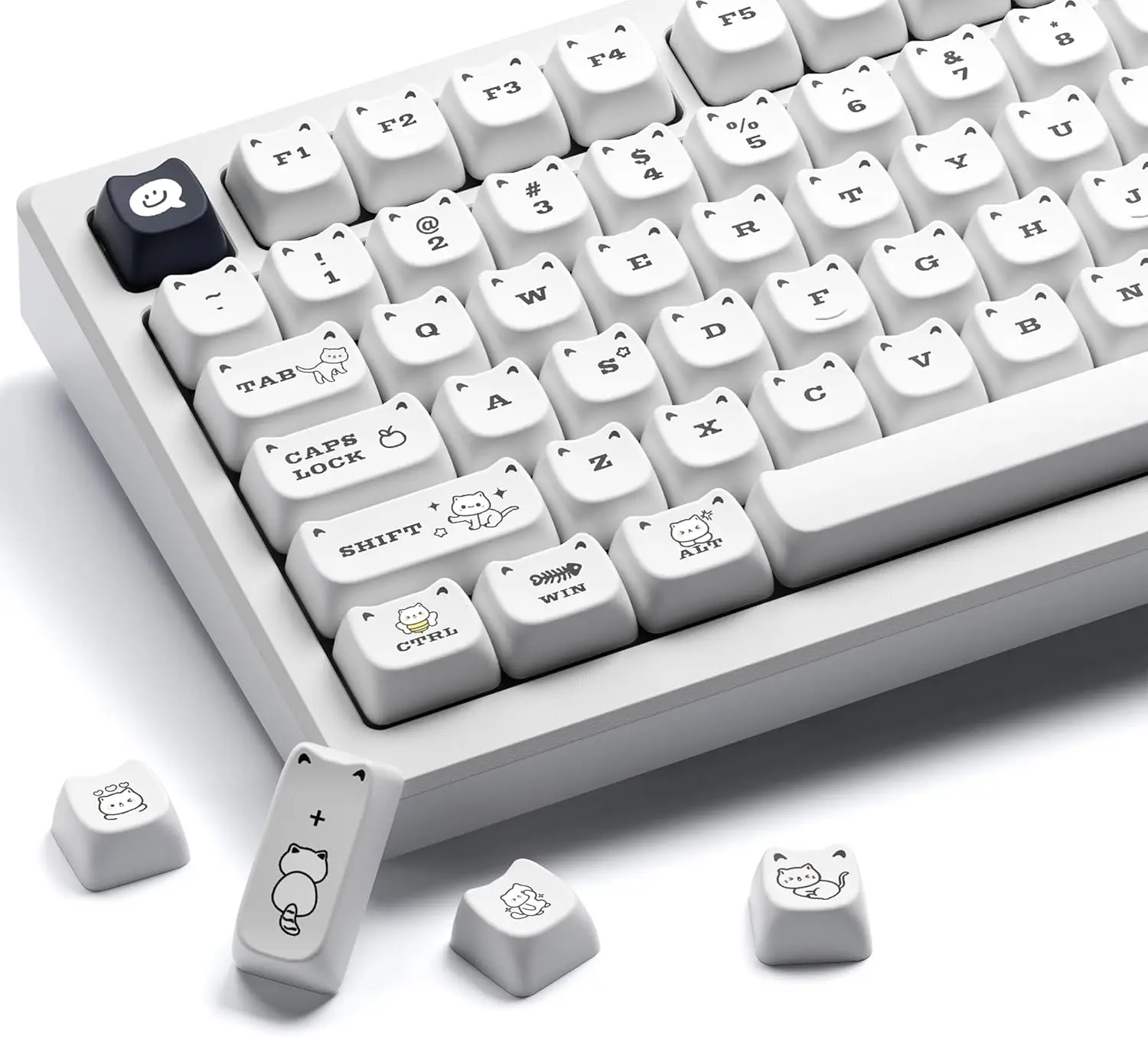 

Белые PBT-кейкапы (143 клавиши) Meow Meow, совместимые с механическими клавиатурами 65%, 75%, 96%, 100% с переключателями Cherry Gateron MX