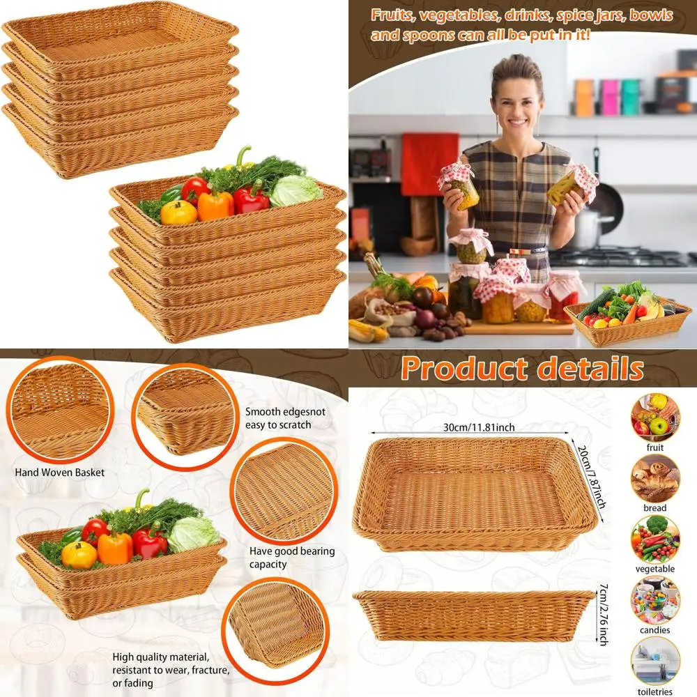 

Stackable Rectangular Poly Wicker Bread Baskets for Kitchen, Dining, and Storage (11.81 x 7.87 x 2.76)