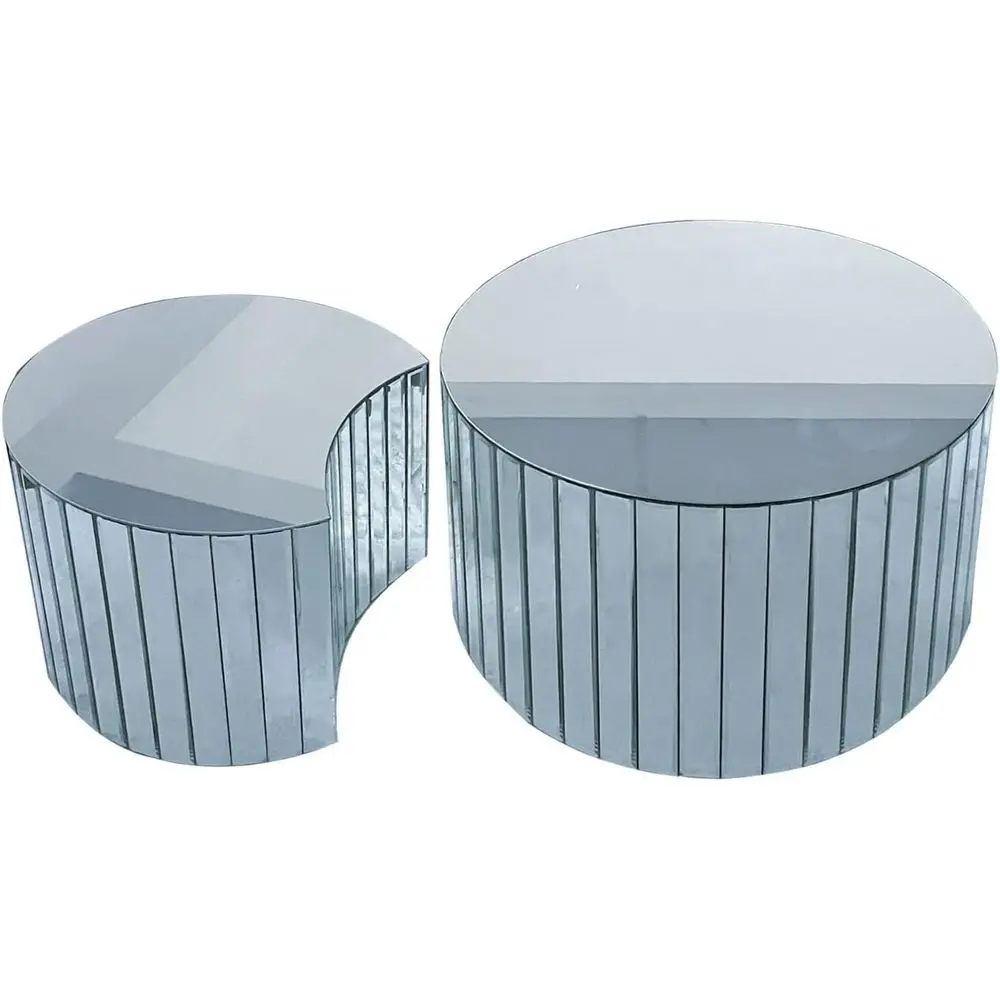 

Luxury Silver Glass Mirror Coffee Table Set, 2 Round Nesting Tables for Living Room, Beveled Glass Top, Easy Assembly