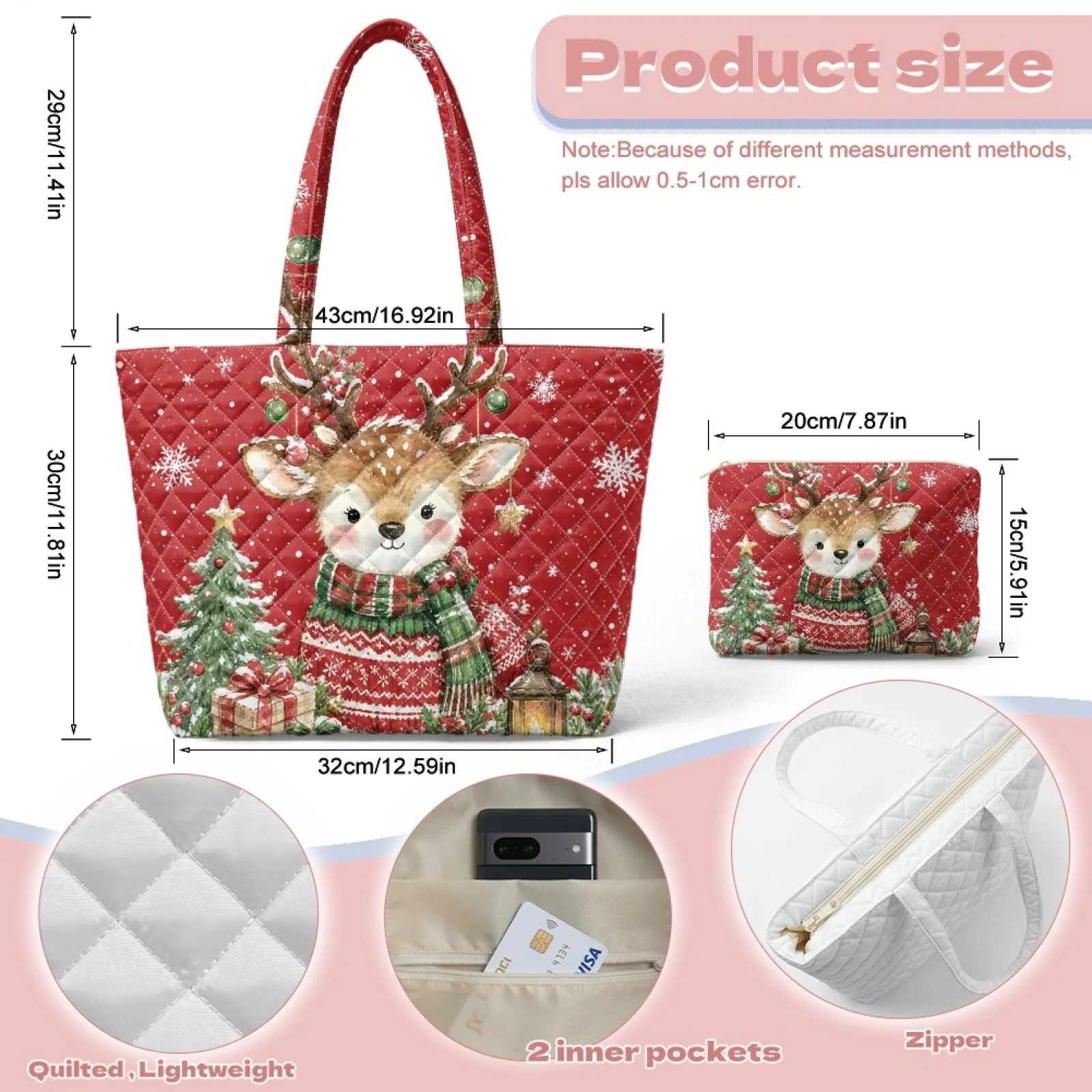 Coloranimal Christmas 2 Piece Quilted Tote Bag with Matching Wallet, Stylish Casual Set for Women Travel and Daily Use