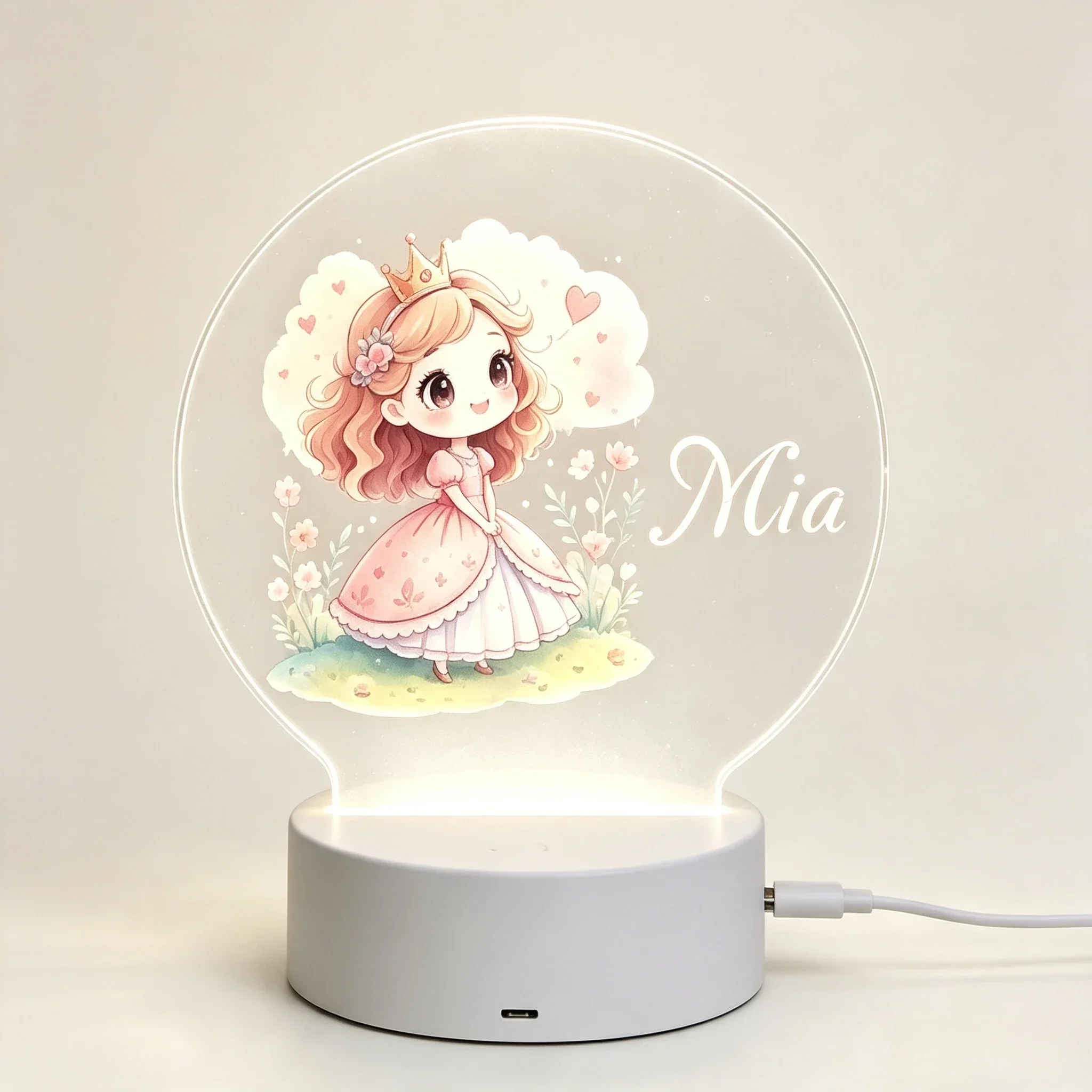 Cute Crown Little Princess Floral Round Acrylic Night Light Baby Girl Nursery Decor LED Lamp