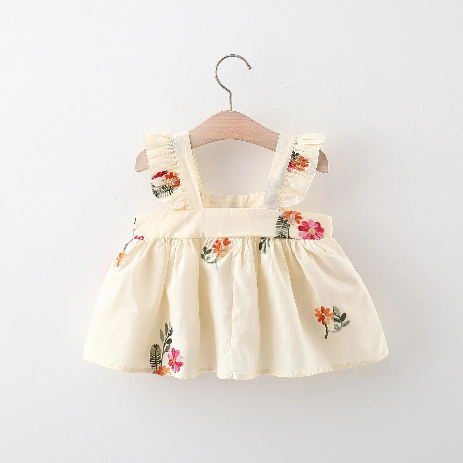 Summer Girls Dress Sweet Flying Sleeves Embroidered Fashion Cotton Short Skirt Suitable for Children with 80CM-110CM