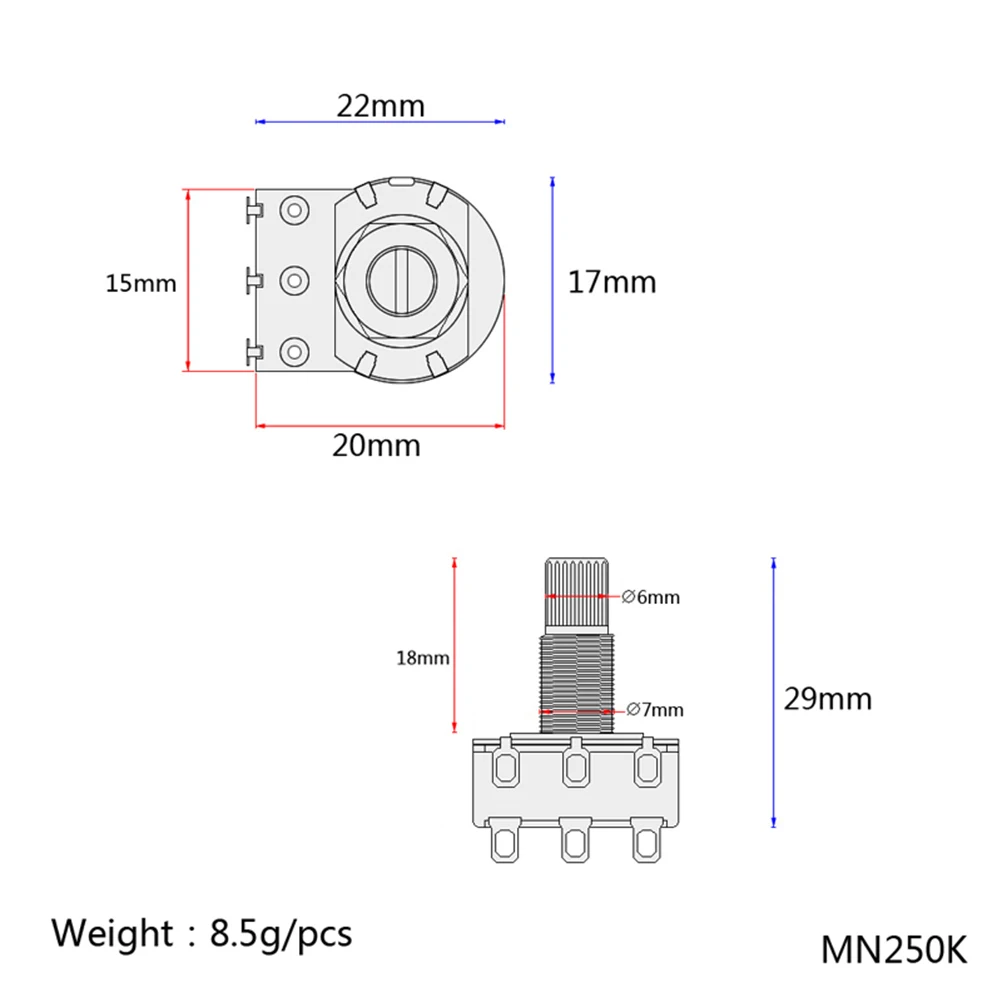 

MN250K Dual Potentiometer Audio Log Split Shaft Guitar Volume Control Electric Taper Replacement Part Upgrade Tone