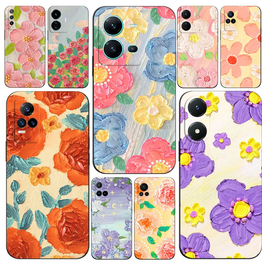 Black Tpu Case For Vivo Y16 Y02S Y22S Y22 Y77 V25 V25E Back Cover romantic lovely flower