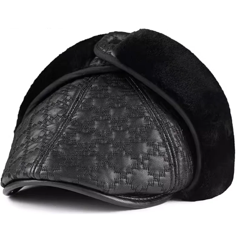 2025 Moda Uomo Vera pelle di pecora Inverno Caldo vero cotone Bomber Cappello Colbacco Cap Trapper Russo Uomo Cappelli da sci Berretti