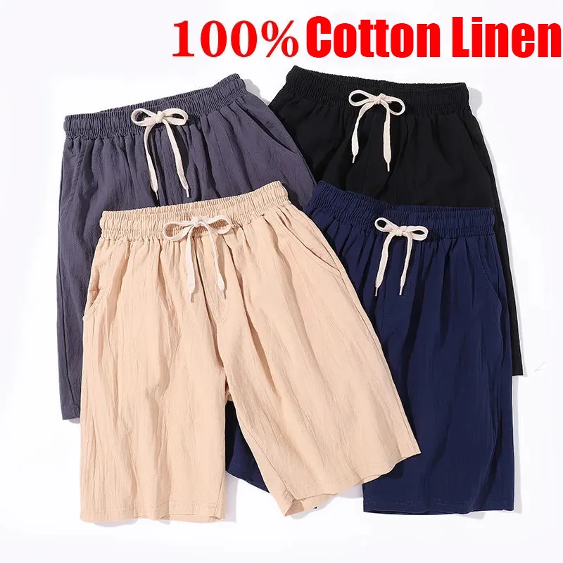 

100% Cotton Linen Shorts Men 7XL 8XL 9XL 2023 Summer Casual Trunks Beach Man Breathable Short Trousers