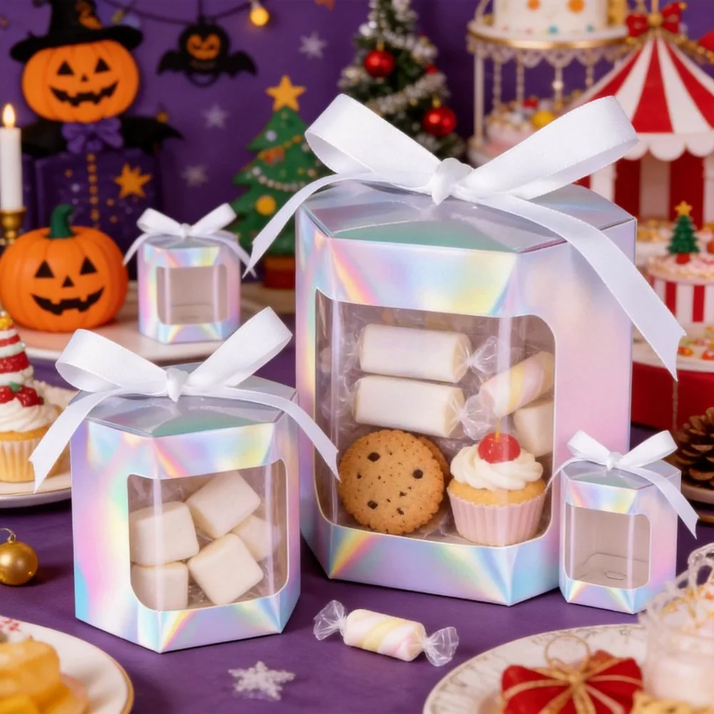 10 Stück sechseckige Kuchenboxen, Süßigkeitenboxen mit durchsichtigem PVC-Fenster, Geschenke, Blumen, Süßigkeiten, Verpackung, Geburtstagsgeschenkbox, Verpackung, Papiertüten
