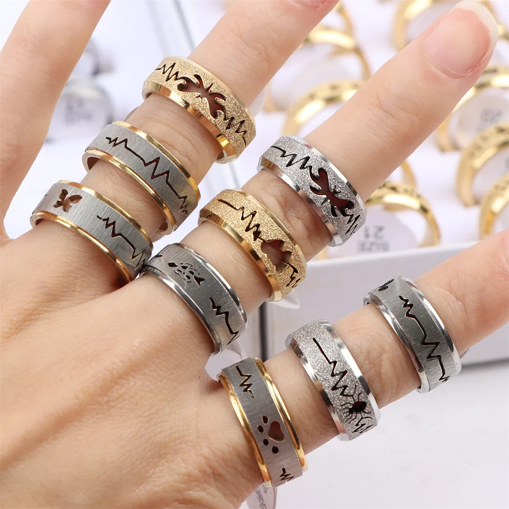 10Pcs/Lot Fashion ECG Heartbeat Stainless Steel Couple Love Rings For Women Men Gold Silver Color Wedding Jewelry Gifts