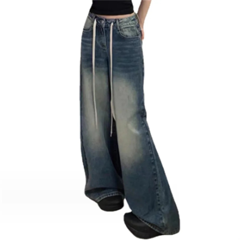 Vintage high-waisted wide-legged jeans new autumn belt loose floor pants