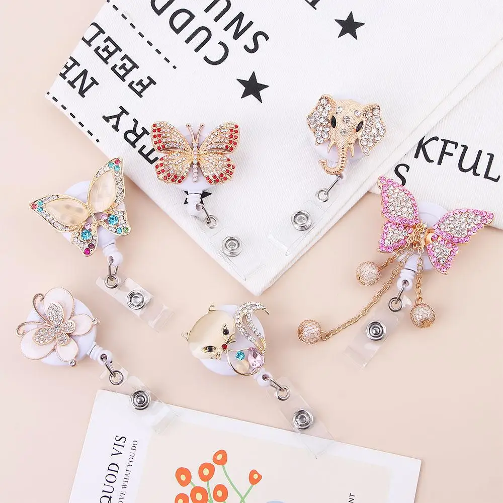 Work Card Clips Elephant Crystal Chest Card Retractable Badge Reel Nurse Badge Clip Hospital Badge Holder ID Card Clips