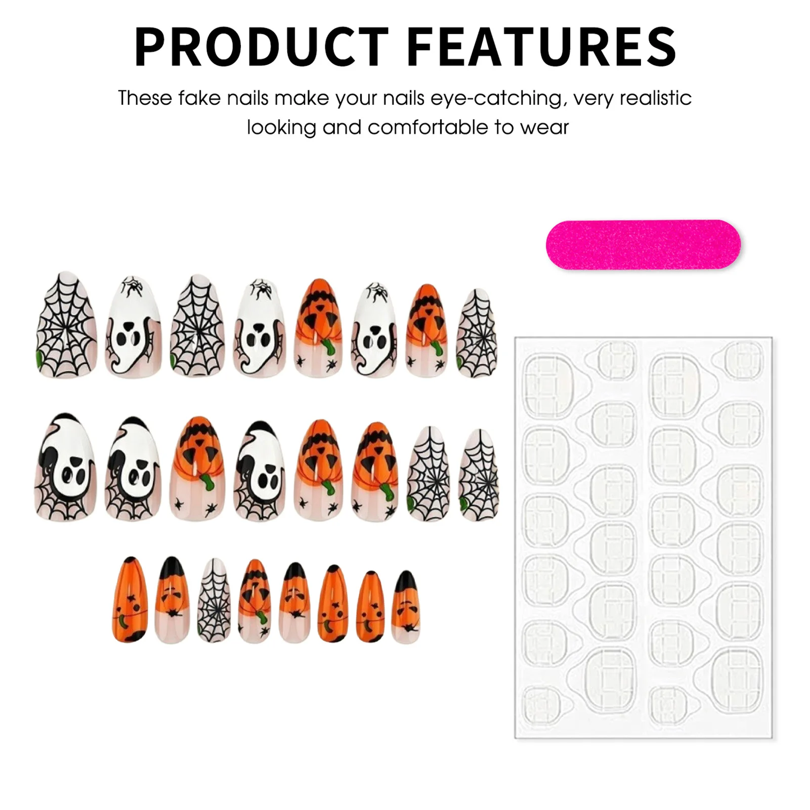 24pcs Halloween Press On Nails Ghost Pumpkin Spider-Web Bat Design Fake Nails For Women Girls Wearable False Nail Tips - view 5