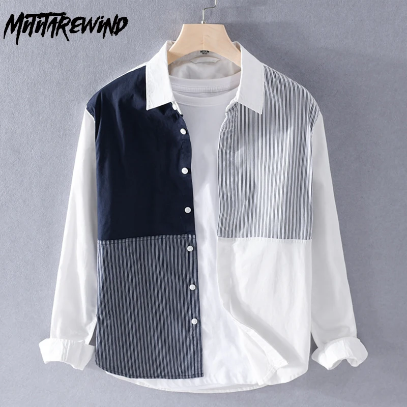 

Korean Fashion Mens Long Sleeve Shirt Spring Fall Streetwear Men Stripe Patchwork Design Shirts Comfortable 100% Cotton Men Tops