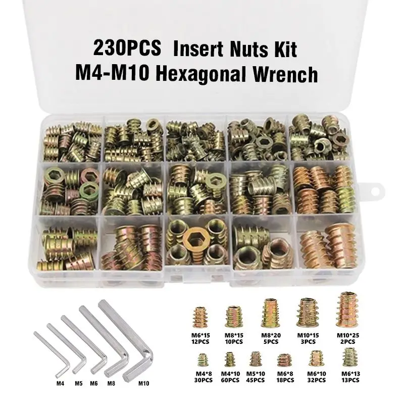 230Pcs Threaded Inserts Nuts Assortment Tool Kit - Metric M4/M5/M6/M8/M10 Hex Socket Drive Furniture Screw-in Wood Inserts Bolts